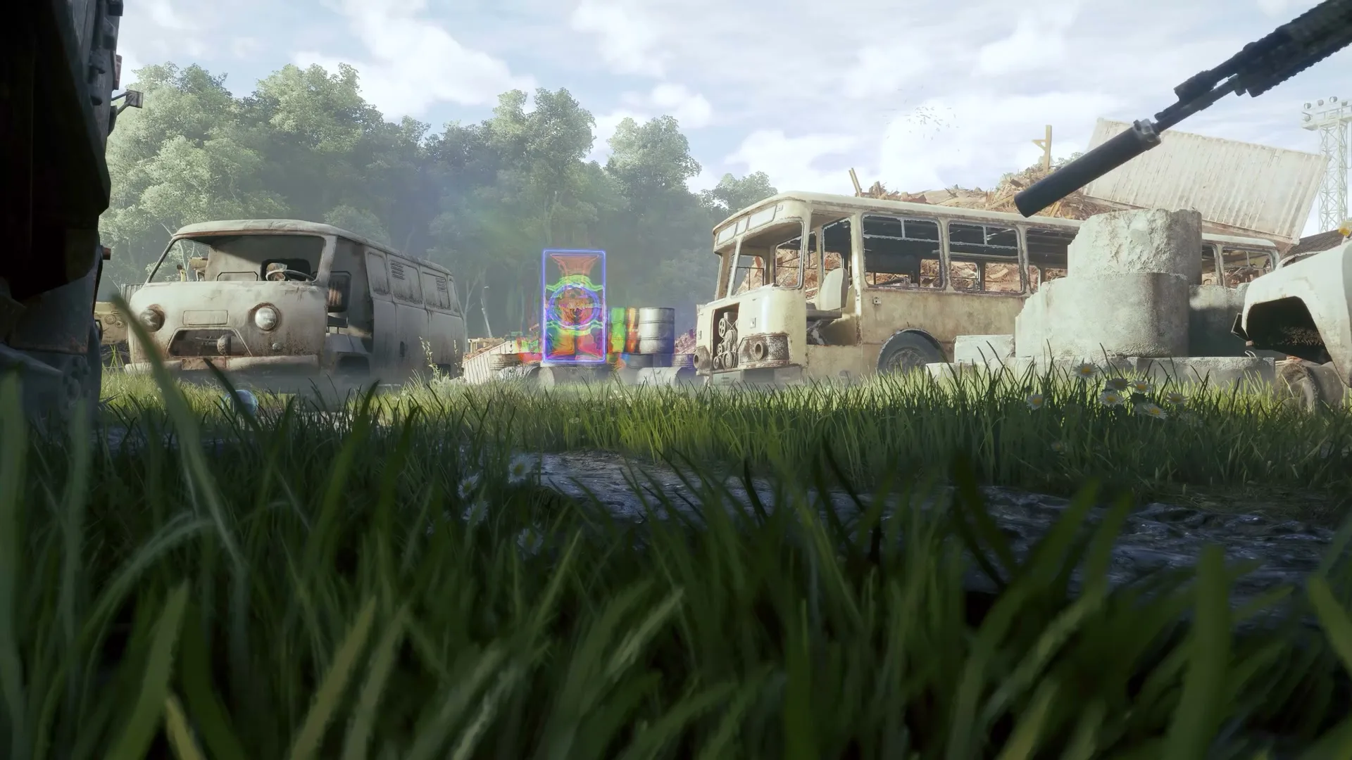 Tactical operatives in combat formation advancing through industrial zone during extraction raid