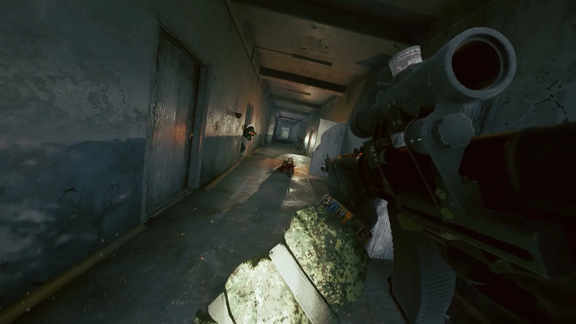 Operatives engaged in close-quarters firearm combat within an anomalous compound