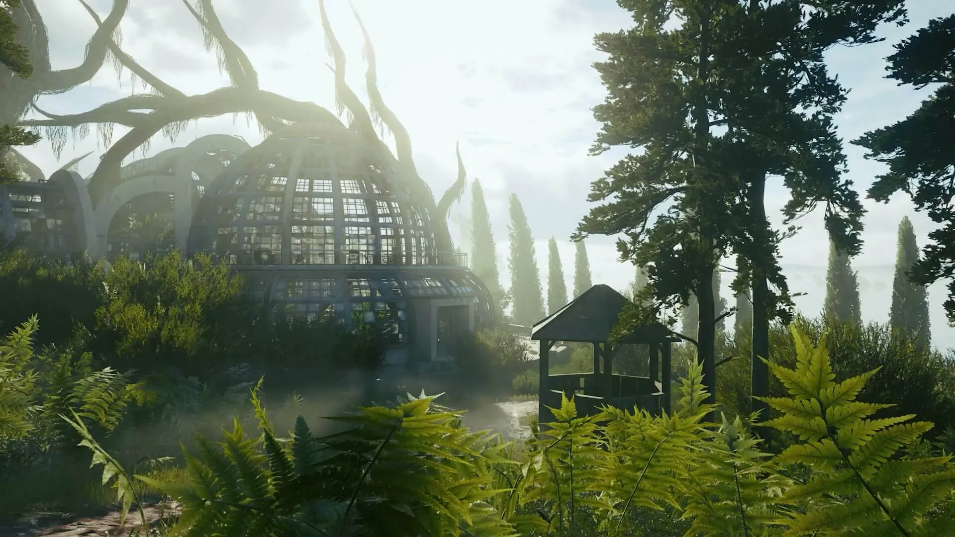 Atmospheric Soviet restricted island biome featuring brutalist industrial architecture in Active Matter